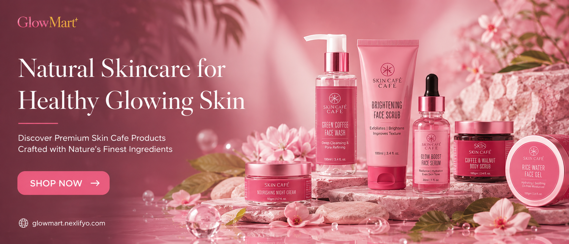 GlowMart skincare advertisement in pink tones