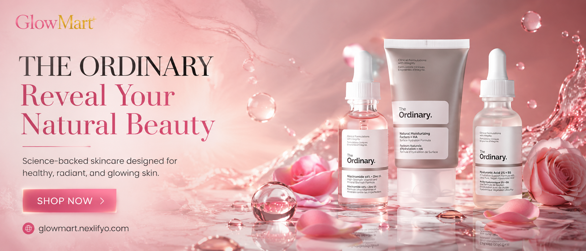 Glowmart skincare collection in pink tones